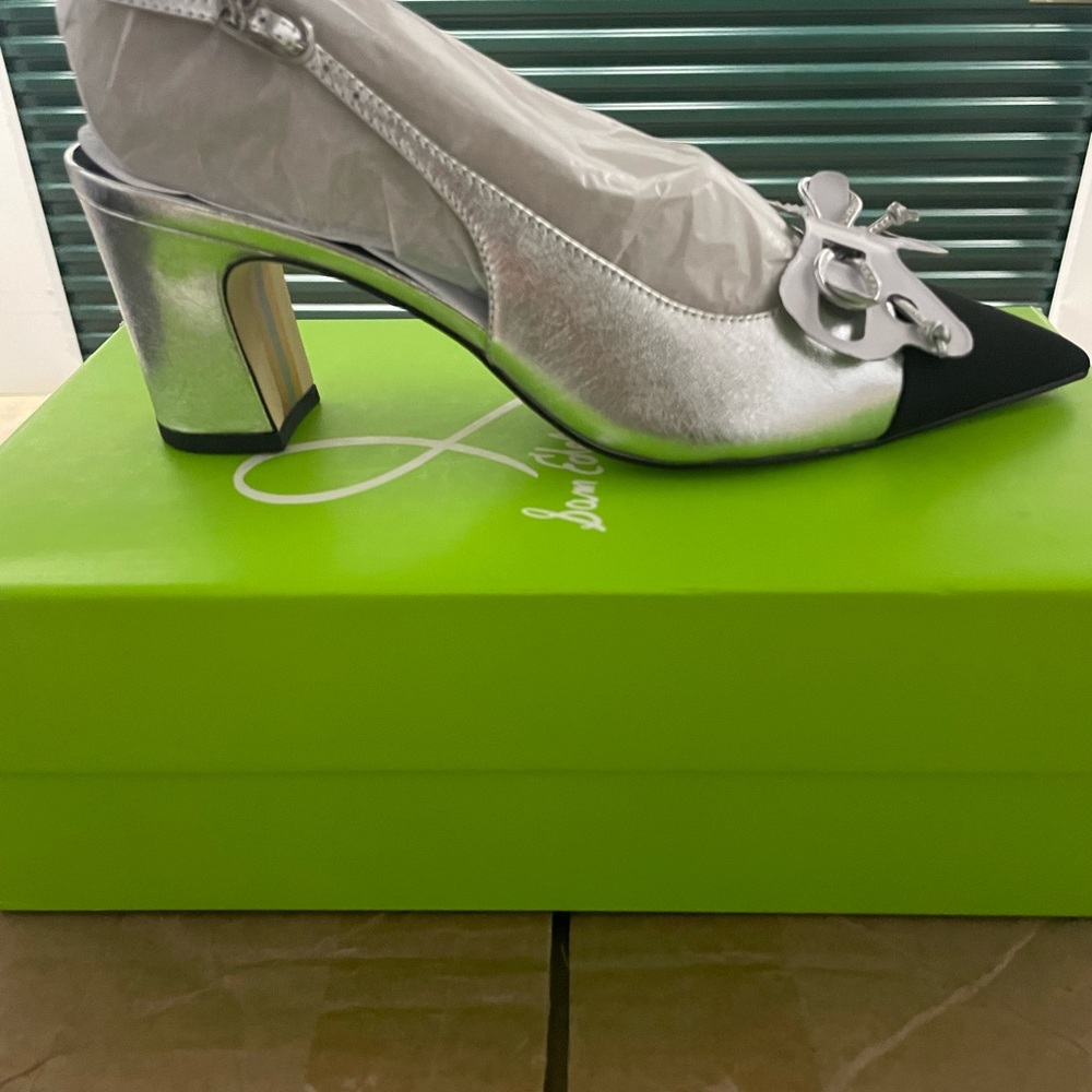 Sam Edelman Silver and Black Pointed Toe Slingback Heels with Decorative Accent